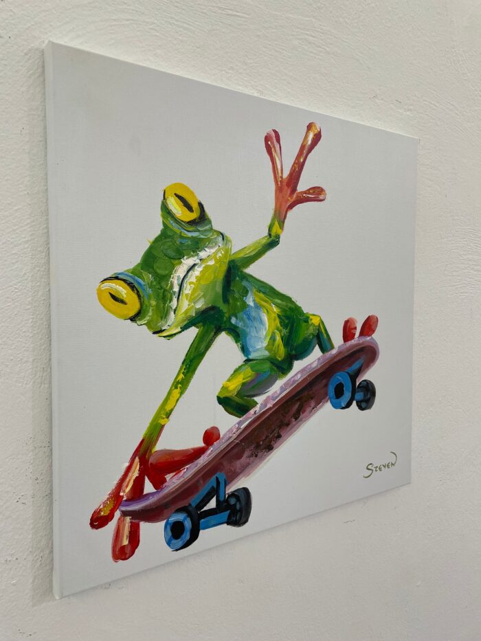 Original Popart Acrylic Painting Frog Doing Skateboard
